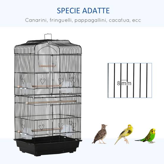 Cage pour oiseaux en métal et plastique avec perchoirs, balançoire et gamelles, 46,5x35,5x92 cm, noire - Image 9