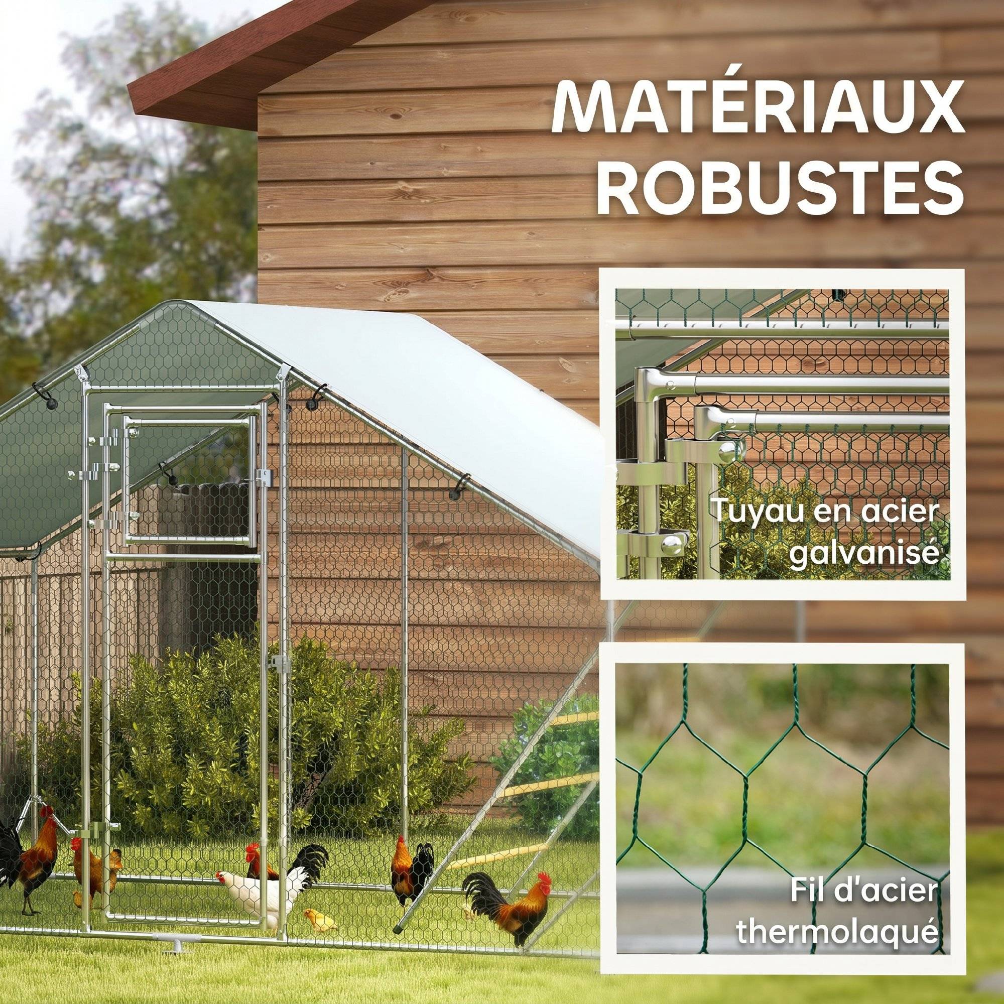 Enclos poulailler extérieur 6 m² grillagé, perchoir et mangeoire, acier galvanisé Ø25mm 300x200x195cm argent - Image 10