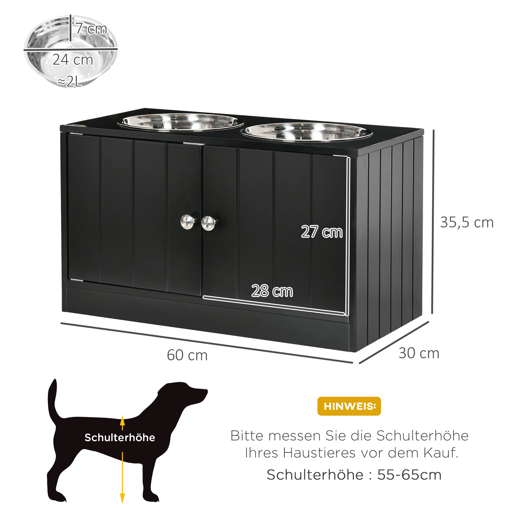 Station de nourriture pour chien avec 2 bols en inox, bois, noir, 60 x 30 x 35.5 cm - PANGIVO - Image 3