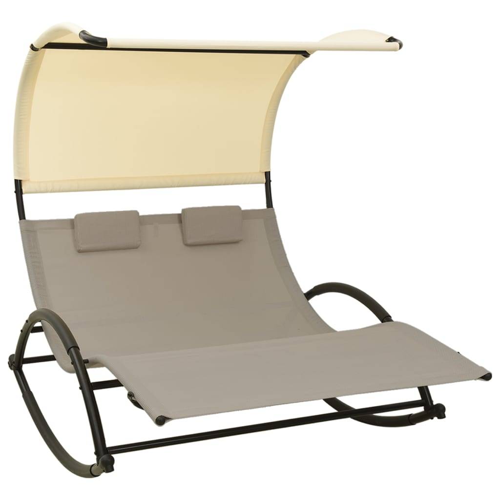 Helloshop26 - Transat chaise longue bain de soleil lit de jardin terrasse meuble d'extérieur double 139 x 180 x 170 cm avec auvent textilène taupe et crème - Imagen 1
