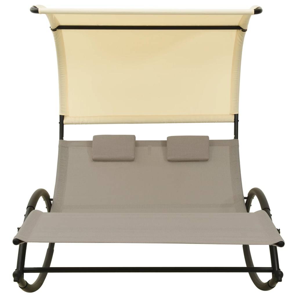 Helloshop26 - Transat chaise longue bain de soleil lit de jardin terrasse meuble d'extérieur double 139 x 180 x 170 cm avec auvent textilène taupe et crème - Imagen 2