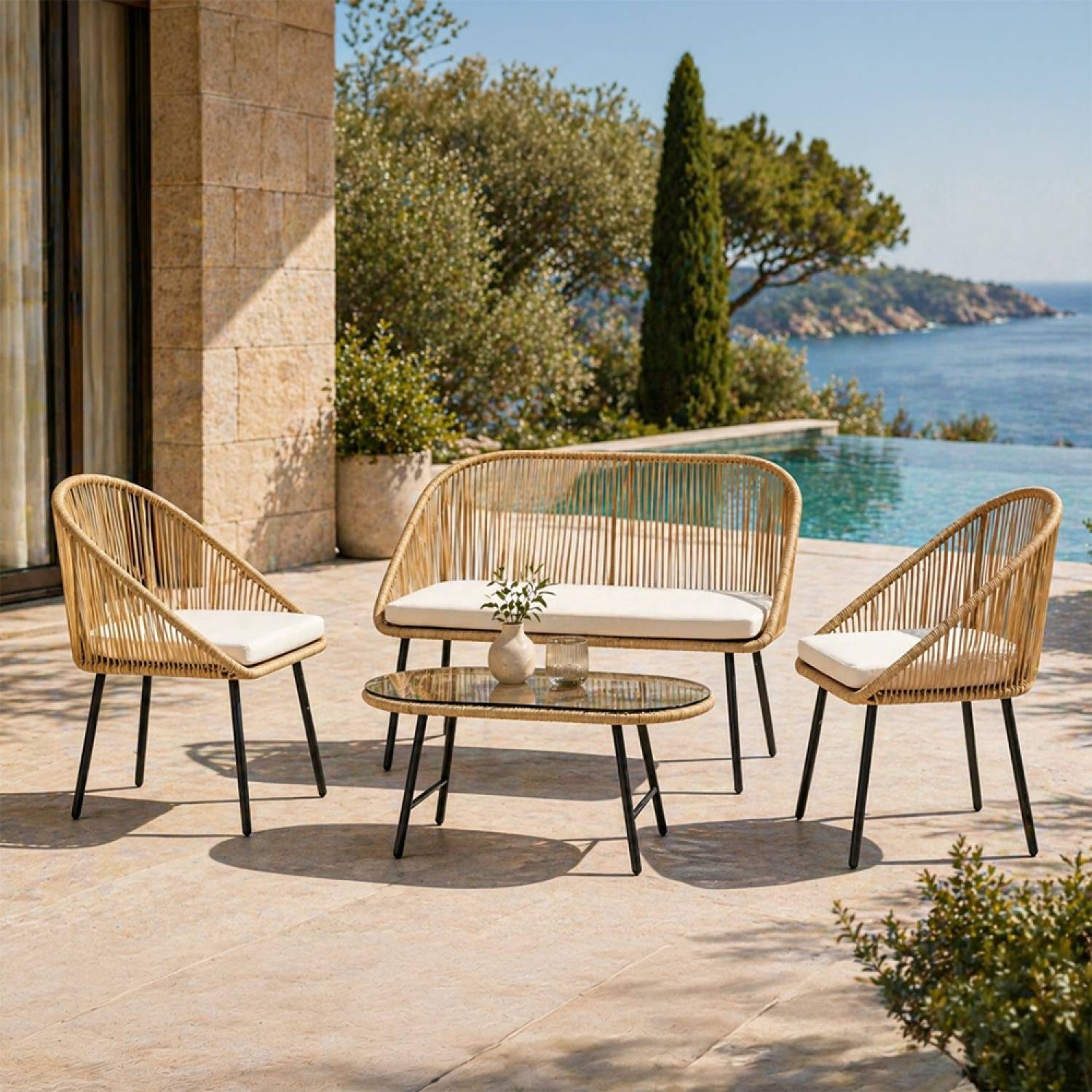Salon de jardin 4 places avec table basse effet rotin naturel RAVELLO - Image 2