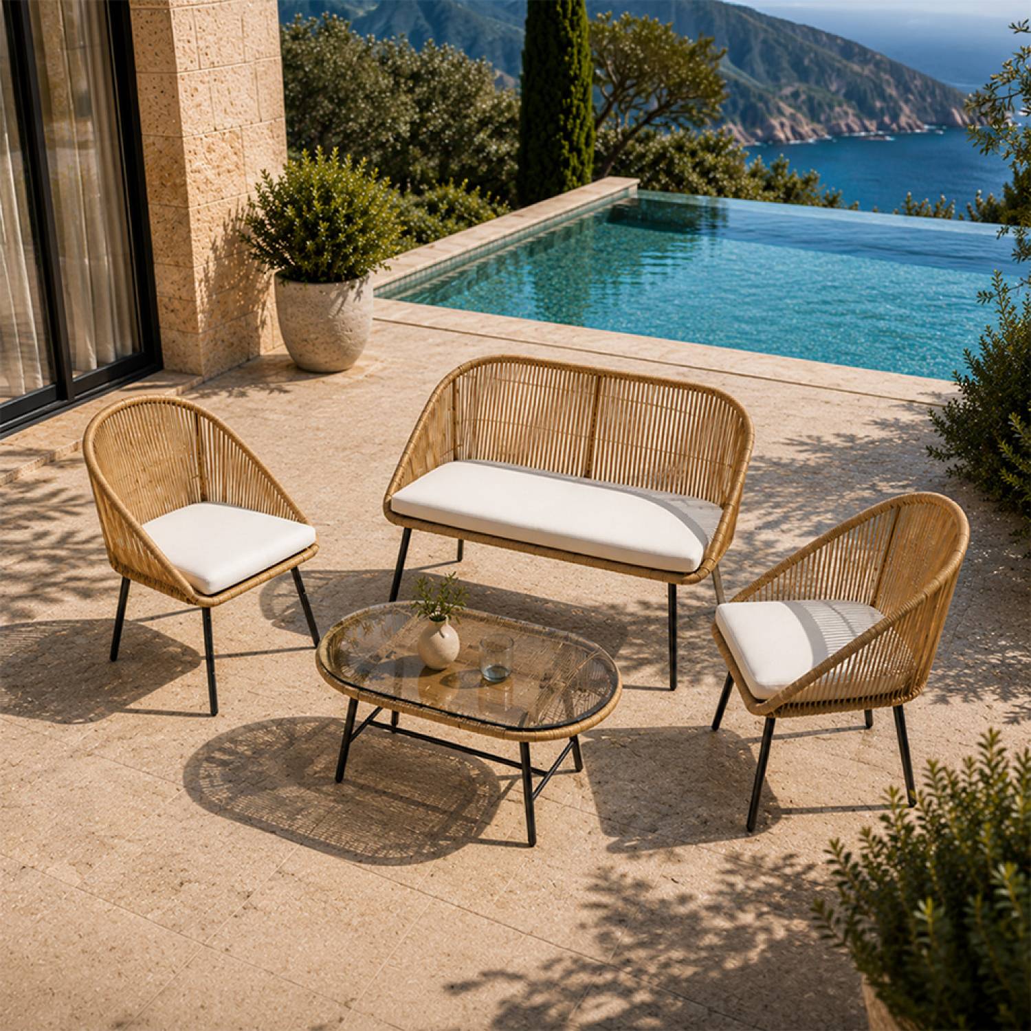Salon de jardin 4 places avec table basse effet rotin naturel RAVELLO - Image 4