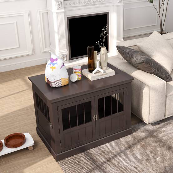 Petite cage pour chien, table d'appoint moderne avec 3 portes françaises à fermeture magnétique, 78 x 53 x 59,3 cm, couleur café - Image 10