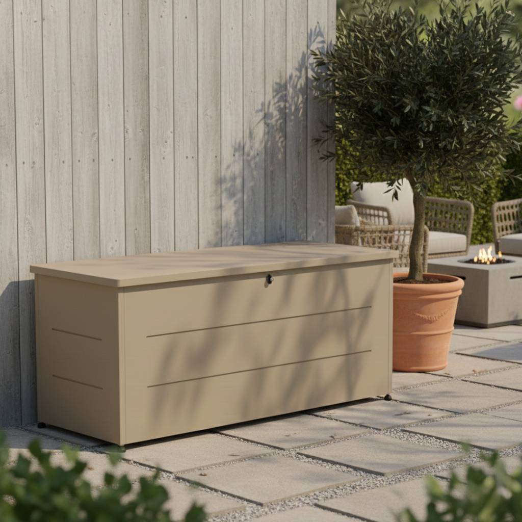 Couleurs du monde - Coffre de jardin 800L taupe – grand coffre extérieur métal avec ouverture assistée - Image 3