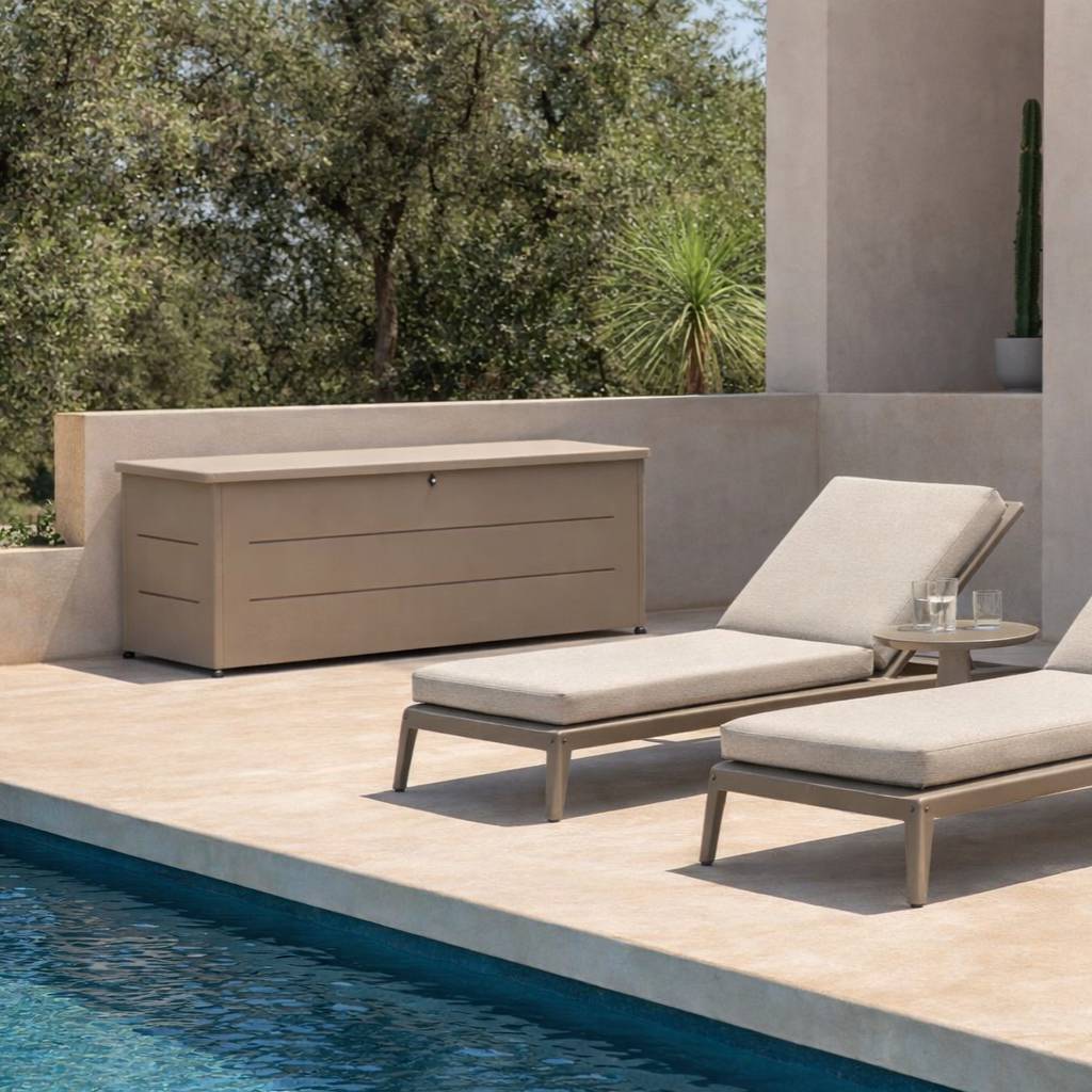Couleurs du monde - Coffre de jardin 800L taupe – grand coffre extérieur métal avec ouverture assistée
