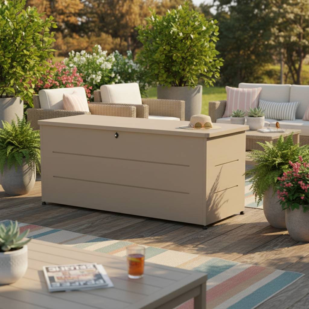 Couleurs du monde - Coffre de jardin 800L taupe – grand coffre extérieur métal avec ouverture assistée - Image 4