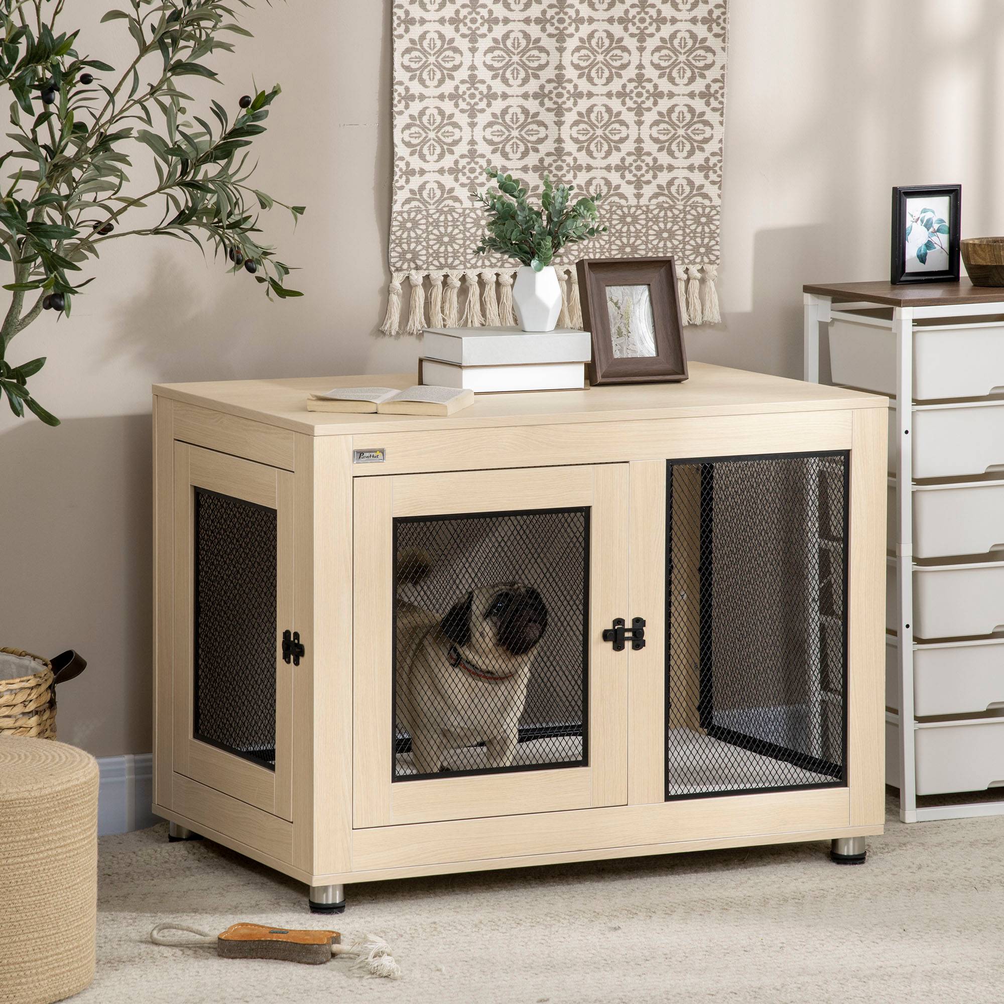 Pawhut - Cage pour chien sur pied style industriel - 2 portes verrouillables, coussin inclus - acier maillé noir panneaux aspect bois clair - Imagen 3