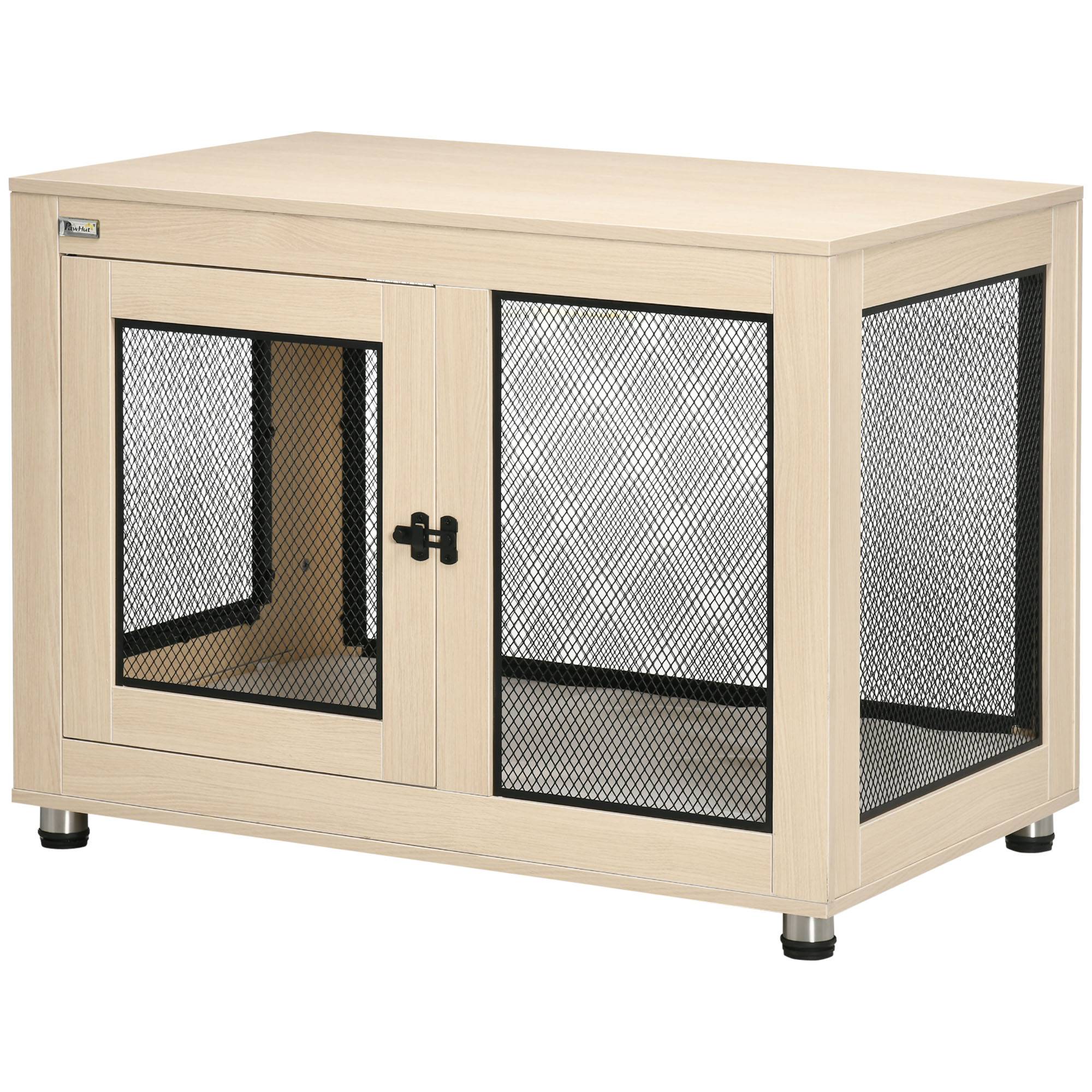 Pawhut - Cage pour chien sur pied style industriel - 2 portes verrouillables, coussin inclus - acier maillé noir panneaux aspect bois clair - Imagen 2