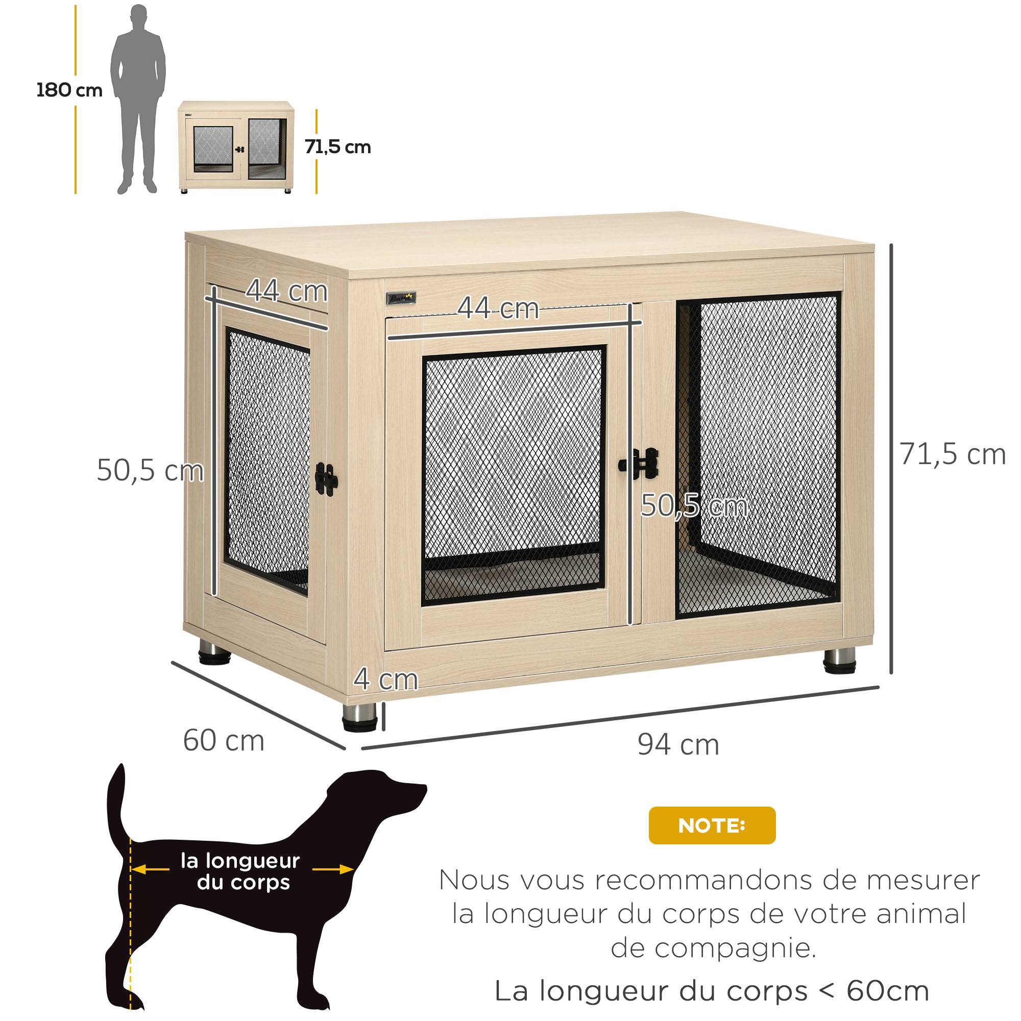 Pawhut - Cage pour chien sur pied style industriel - 2 portes verrouillables, coussin inclus - acier maillé noir panneaux aspect bois clair - Imagen 5