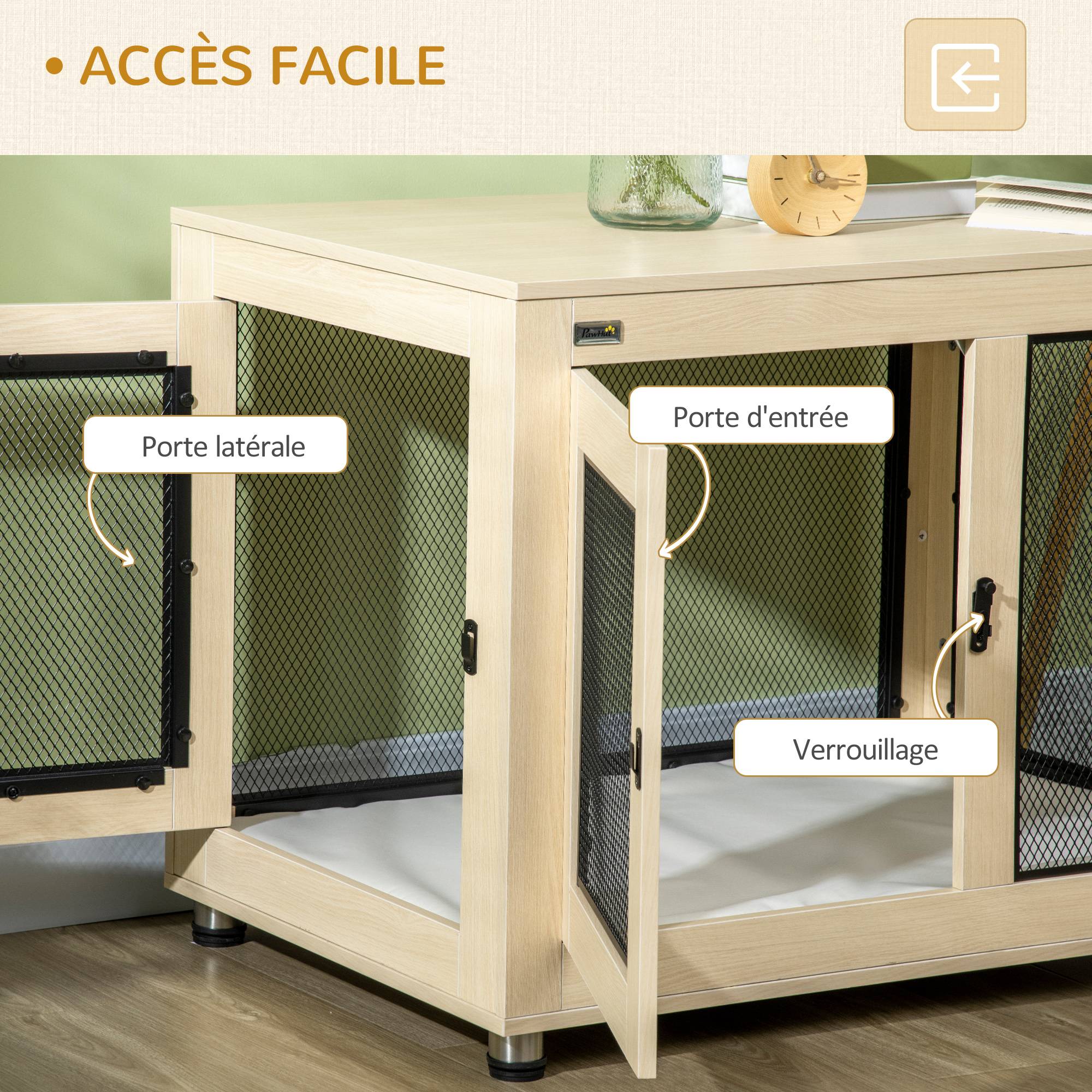 Pawhut - Cage pour chien sur pied style industriel - 2 portes verrouillables, coussin inclus - acier maillé noir panneaux aspect bois clair - Imagen 8