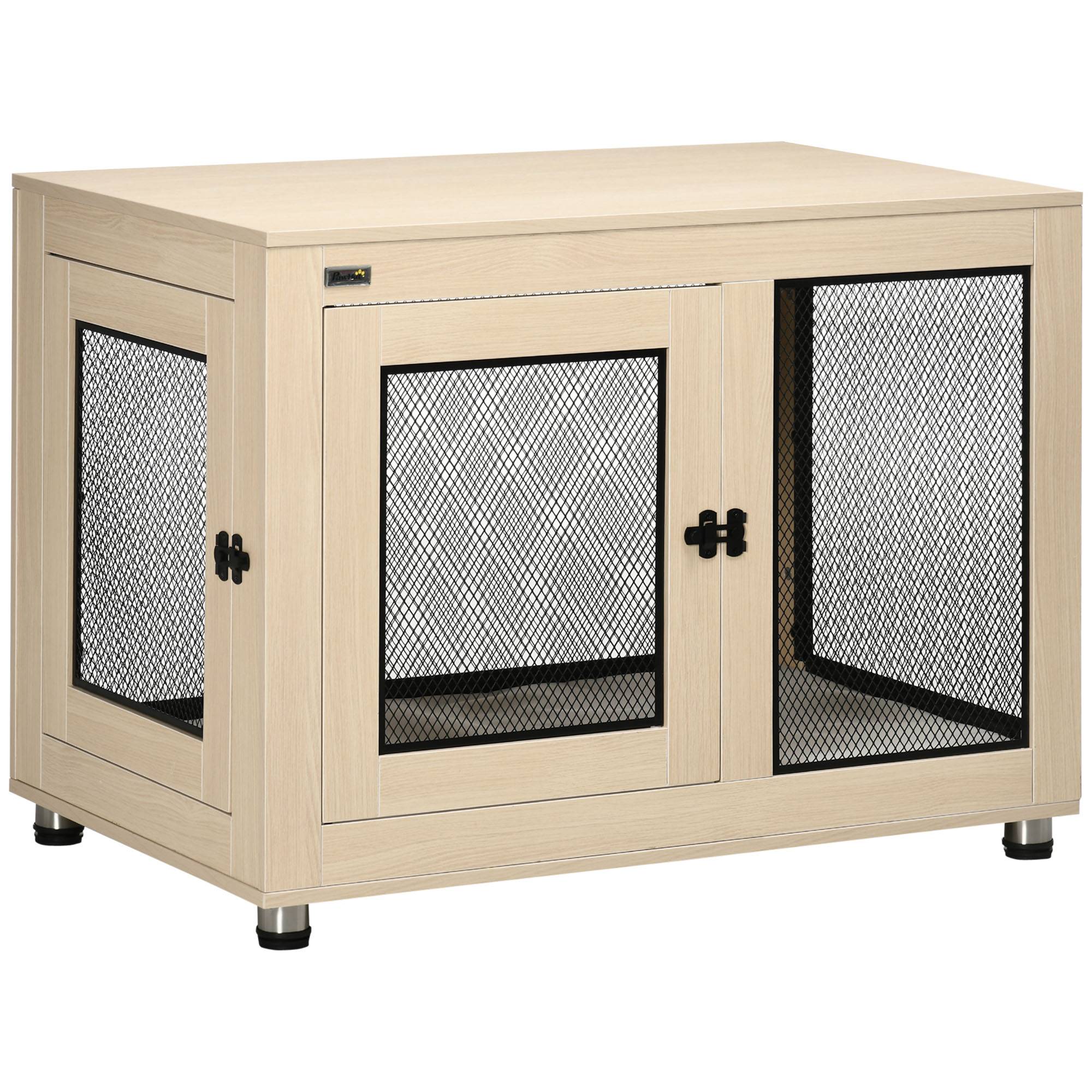 Pawhut - Cage pour chien sur pied style industriel - 2 portes verrouillables, coussin inclus - acier maillé noir panneaux aspect bois clair - Imagen 1