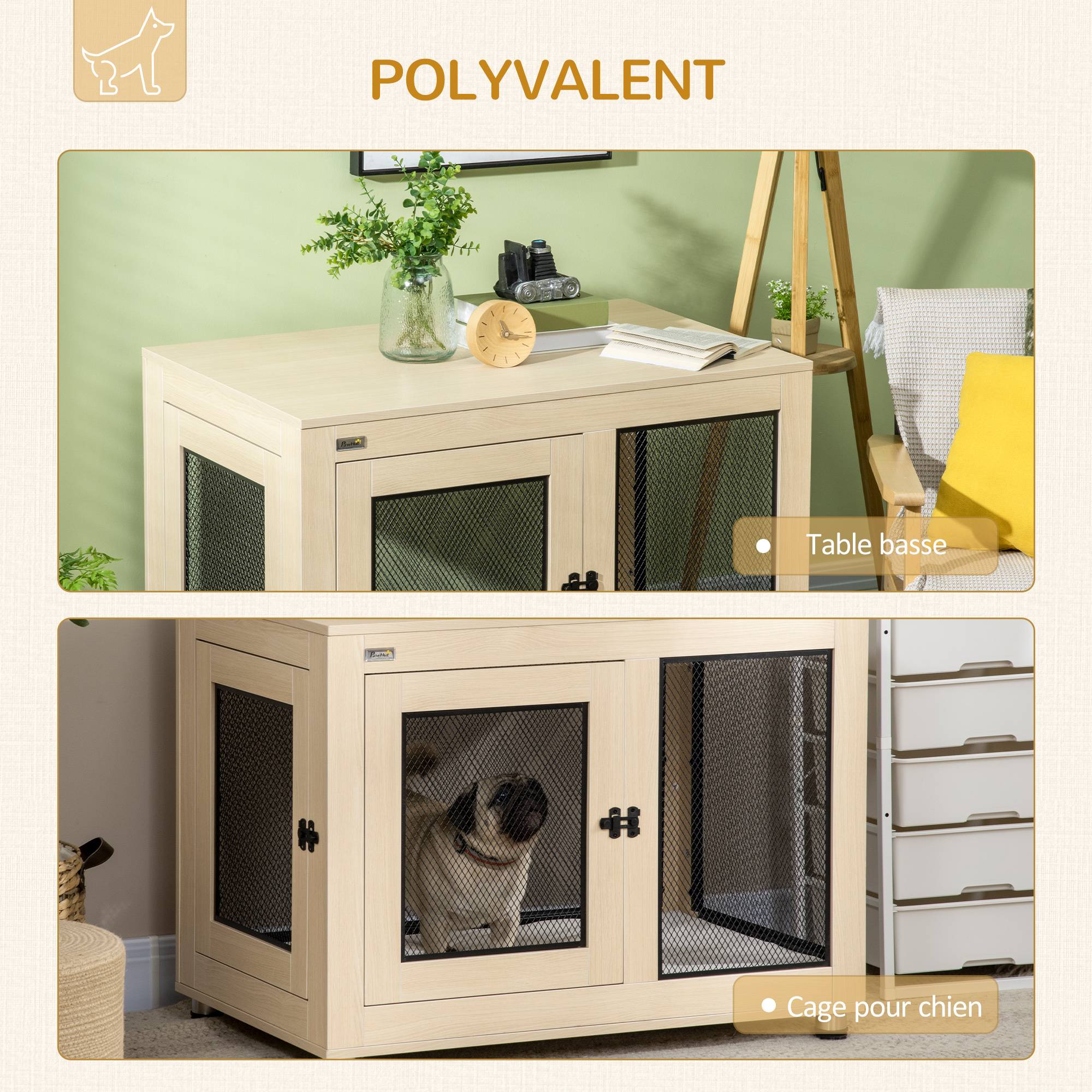 Pawhut - Cage pour chien sur pied style industriel - 2 portes verrouillables, coussin inclus - acier maillé noir panneaux aspect bois clair - Imagen 7