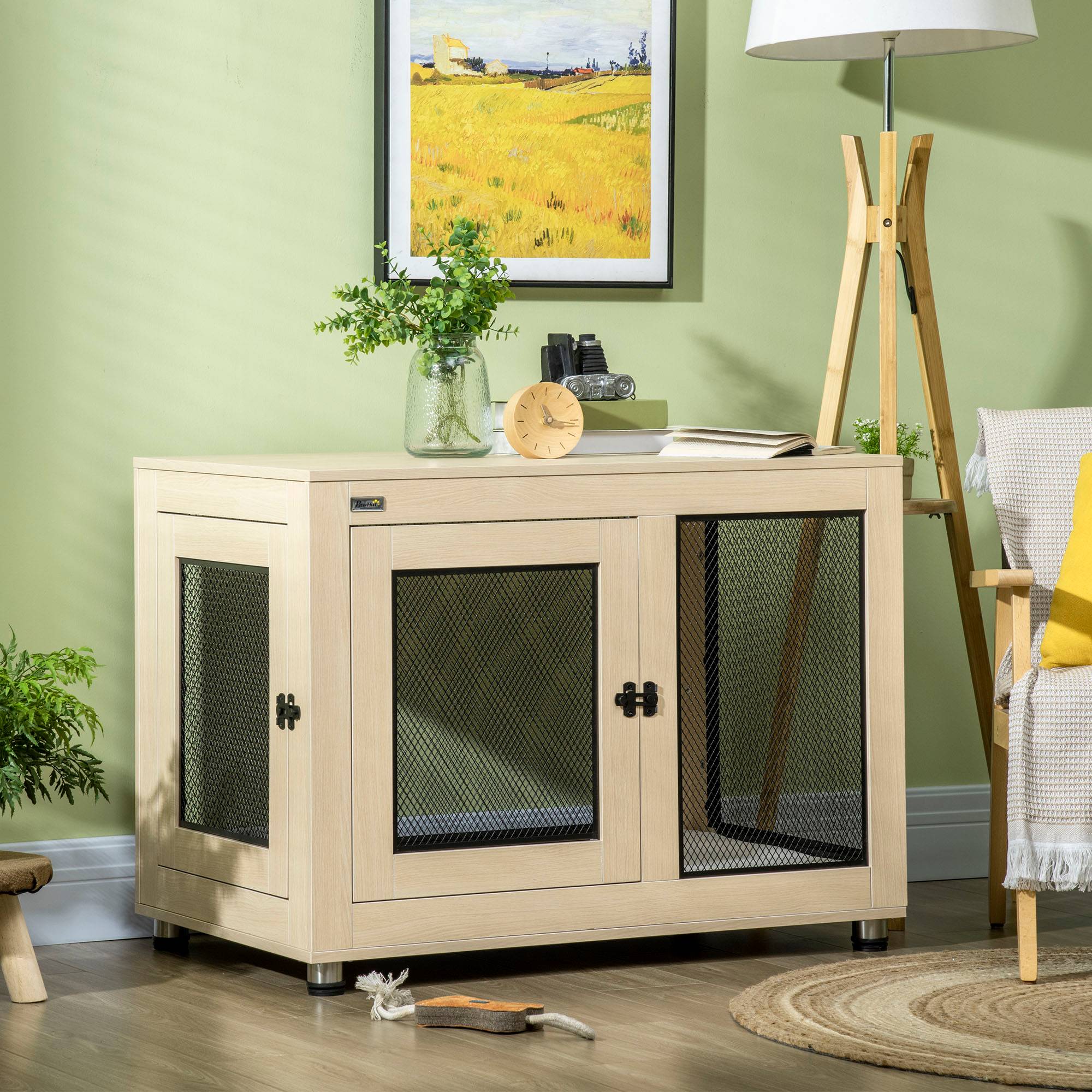 Pawhut - Cage pour chien sur pied style industriel - 2 portes verrouillables, coussin inclus - acier maillé noir panneaux aspect bois clair - Imagen 4