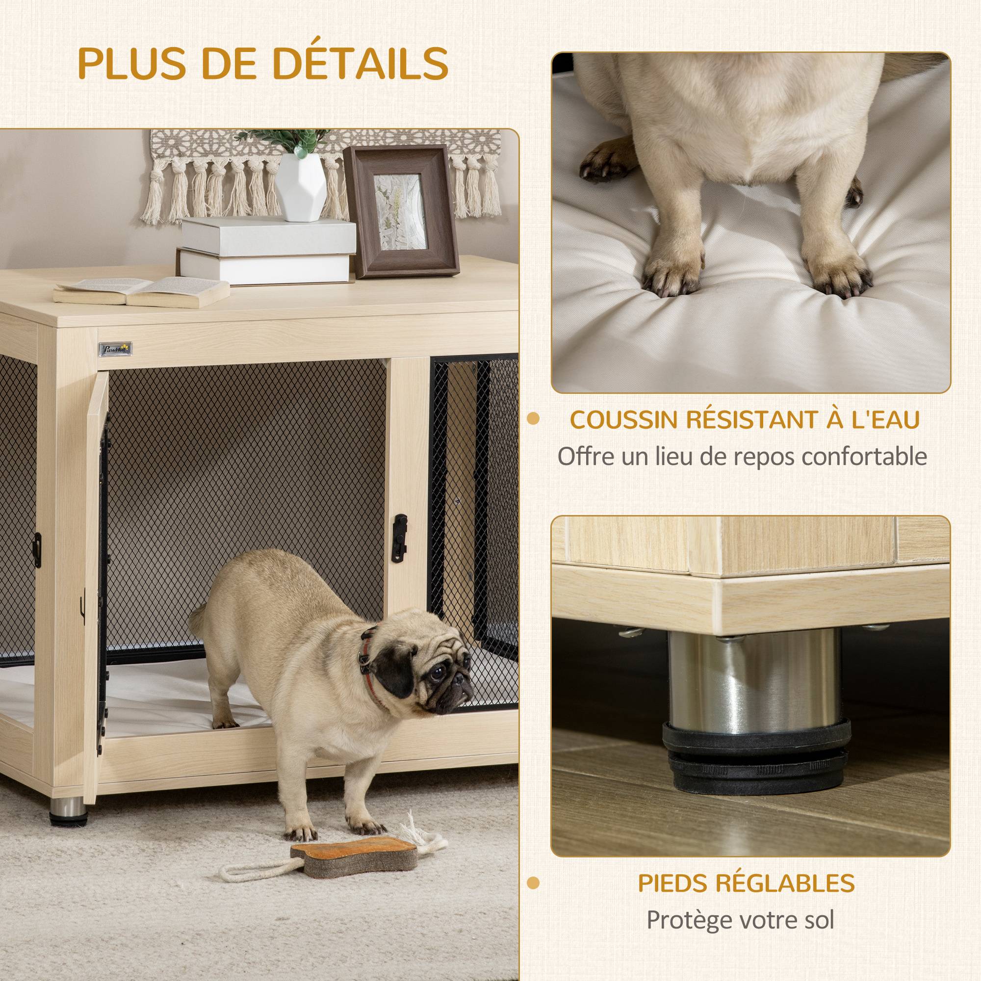 Pawhut - Cage pour chien sur pied style industriel - 2 portes verrouillables, coussin inclus - acier maillé noir panneaux aspect bois clair - Imagen 9