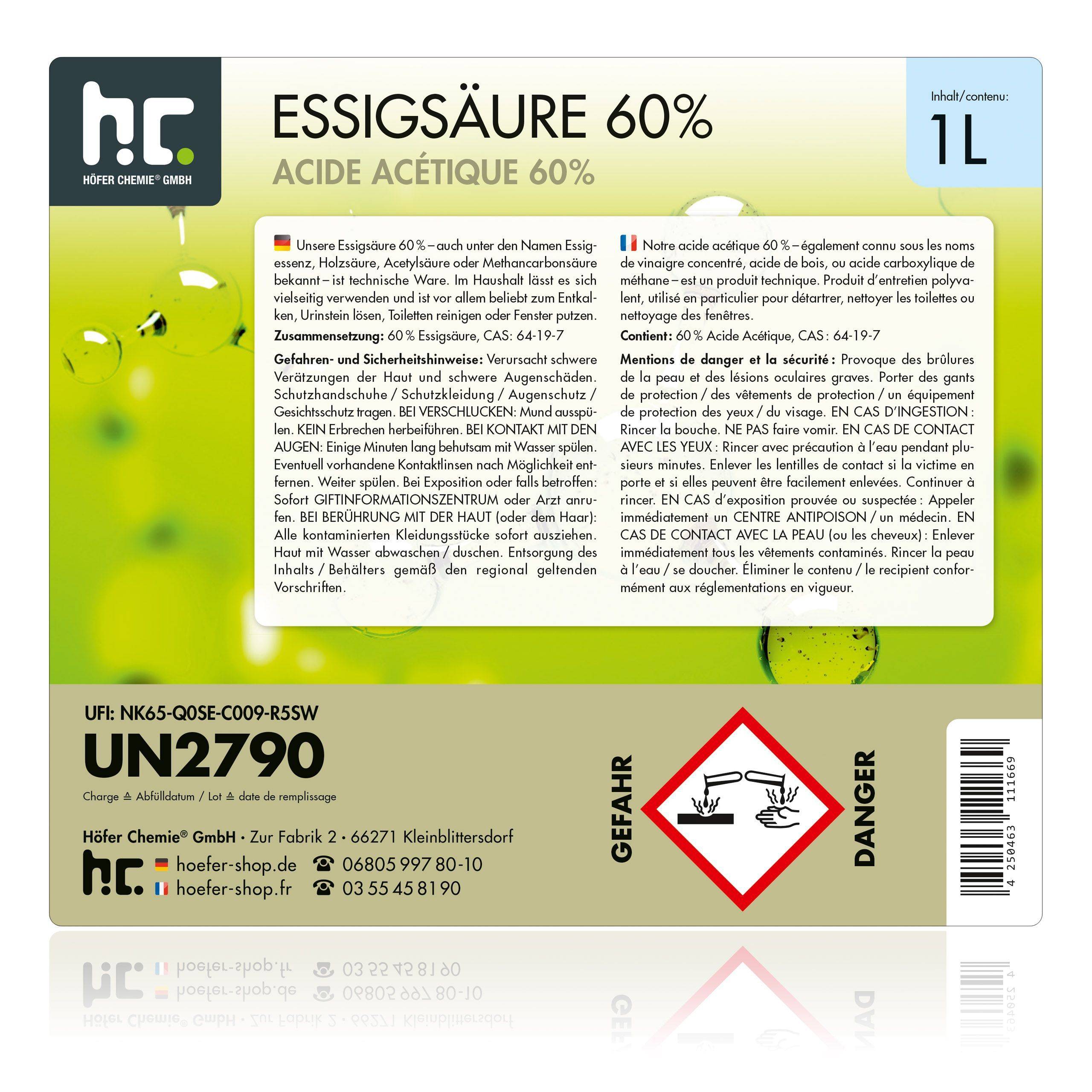 Acide Acétique 60% Höfer Chemie® en bouteille de 1 L x 6 - Image 5