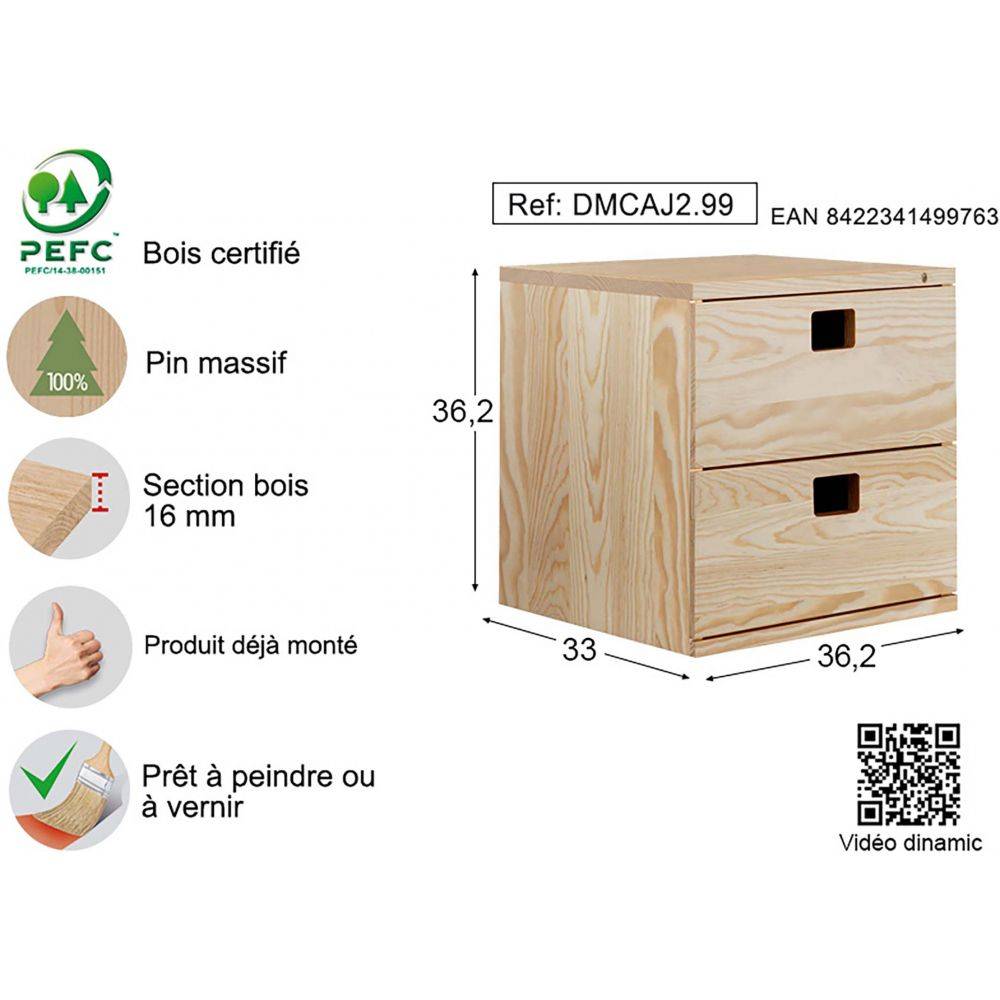 Cube de rangement en pin massif Dinamic 2 tiroirs - Imagen 3