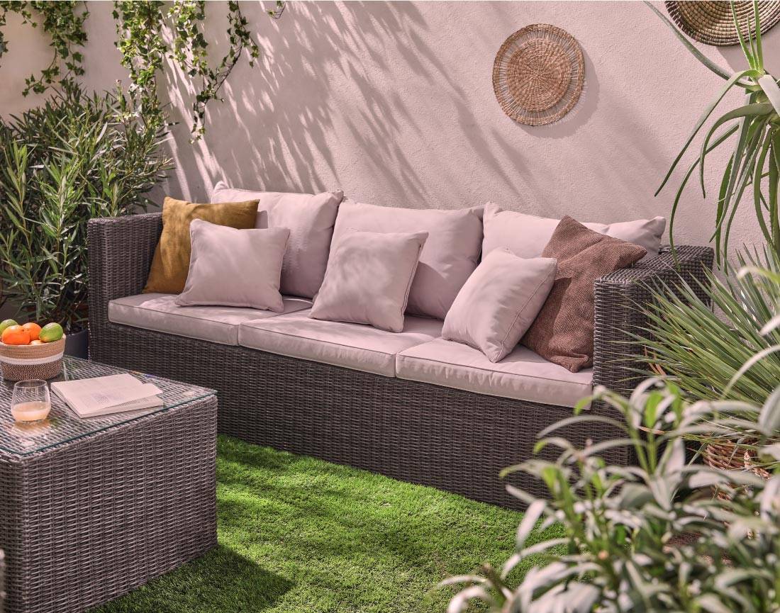 Best Mobilier - Palavas - salon bas de jardin 5 places + table - en résine tressée - gris avec coussins beiges - Best Mobilier - Imagen 4