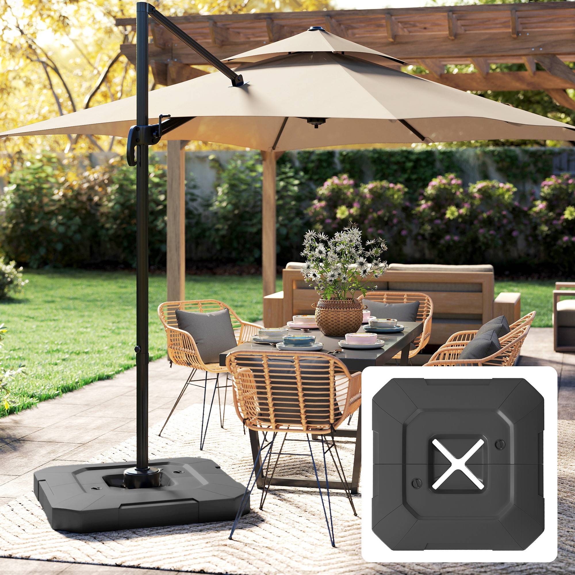 Set 2 poids base pour parasol déporté en HDPE remplissables jusqu'à 105 kg, 101x101x12 cm, noir - Image 3