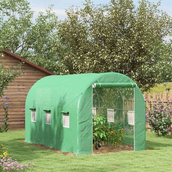 Serre de Jardin Tunnel Surface Sol 8 m² 4L x 2l x 2,05H m châssis Tubulaire Porte zippée 6 fenêtres enroulables vert - Image 3