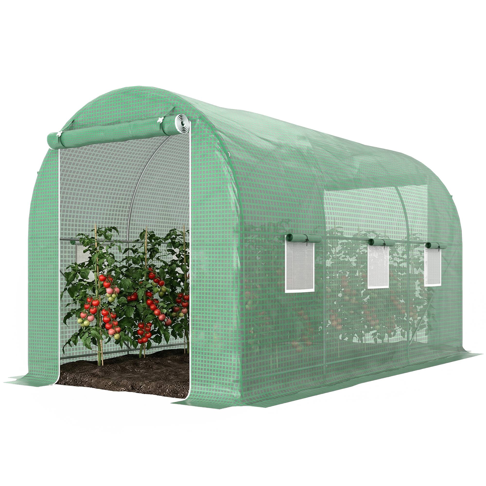 Serre de Jardin Tunnel Surface Sol 8 m² 4L x 2l x 2,05H m châssis Tubulaire Porte zippée 6 fenêtres enroulables vert - Image 2