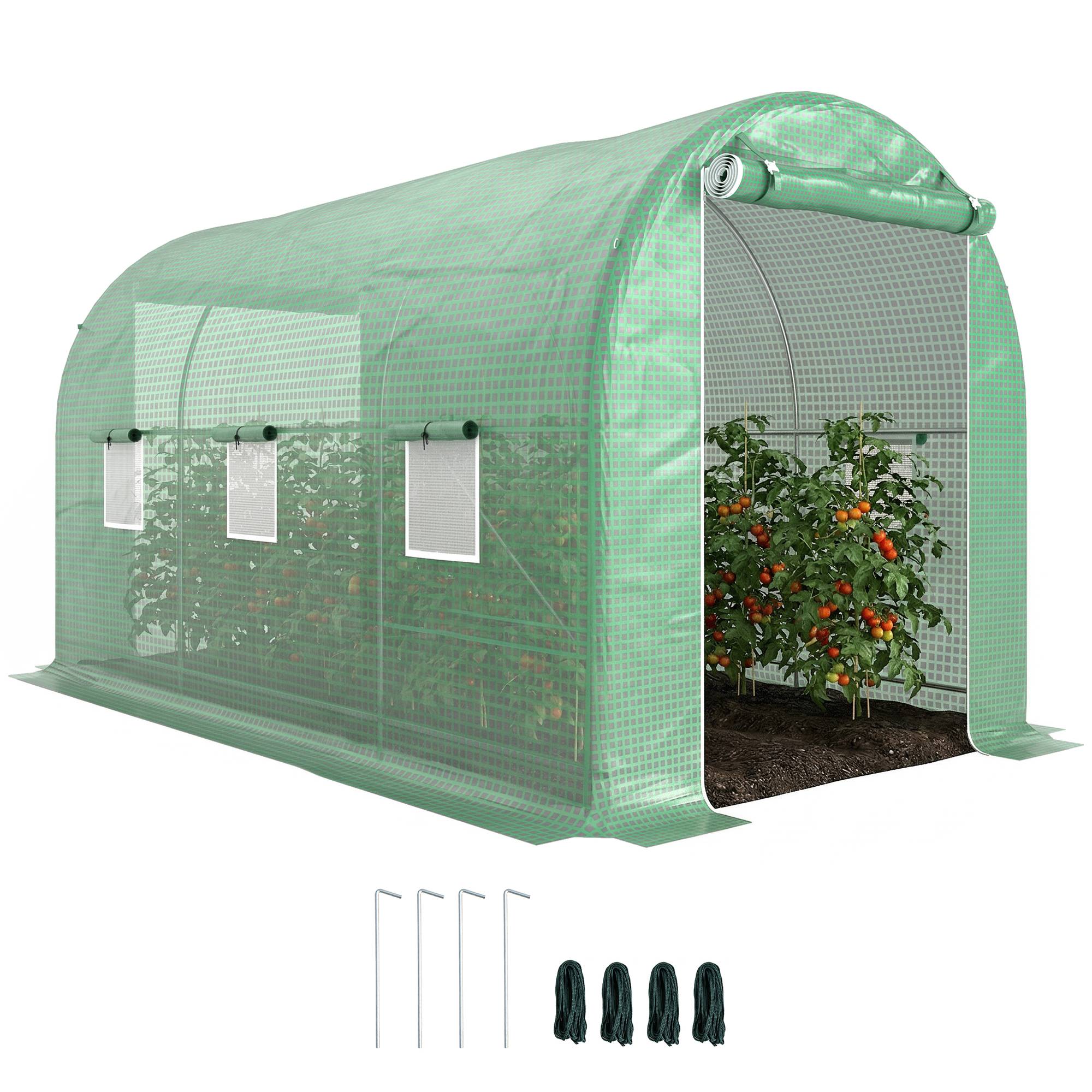 Serre de Jardin Tunnel Surface Sol 8 m² 4L x 2l x 2,05H m châssis Tubulaire Porte zippée 6 fenêtres enroulables vert - Image 1
