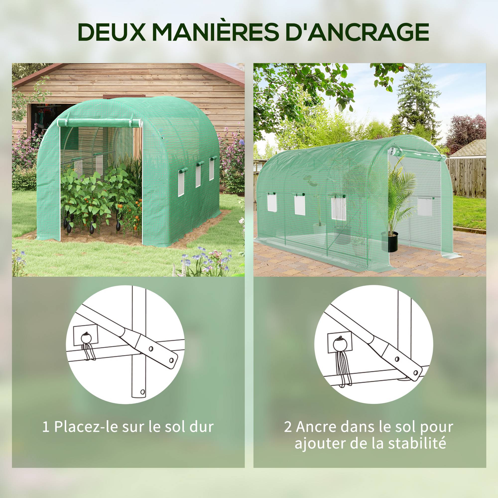 Serre de Jardin Tunnel Surface Sol 8 m² 4L x 2l x 2,05H m châssis Tubulaire Porte zippée 6 fenêtres enroulables vert - Image 8