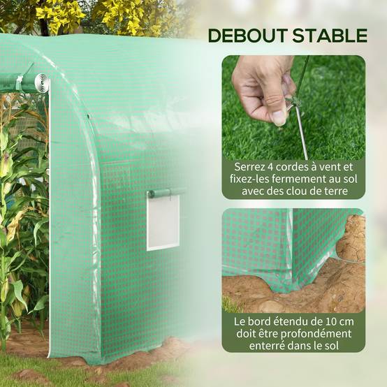 Serre de Jardin Tunnel Surface Sol 8 m² 4L x 2l x 2,05H m châssis Tubulaire Porte zippée 6 fenêtres enroulables vert - Image 7