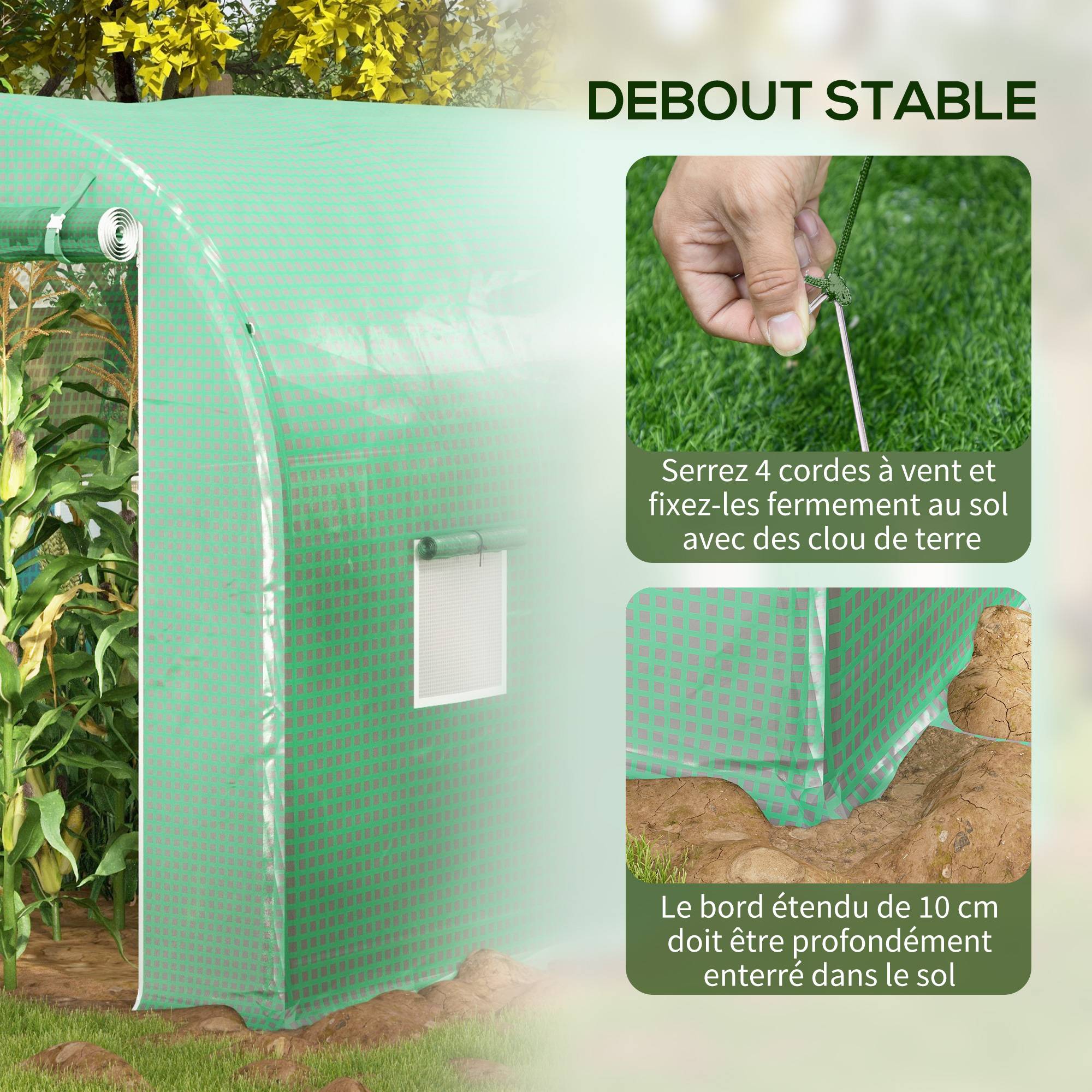 Serre de Jardin Tunnel Surface Sol 8 m² 4L x 2l x 2,05H m châssis Tubulaire Porte zippée 6 fenêtres enroulables vert - Image 7
