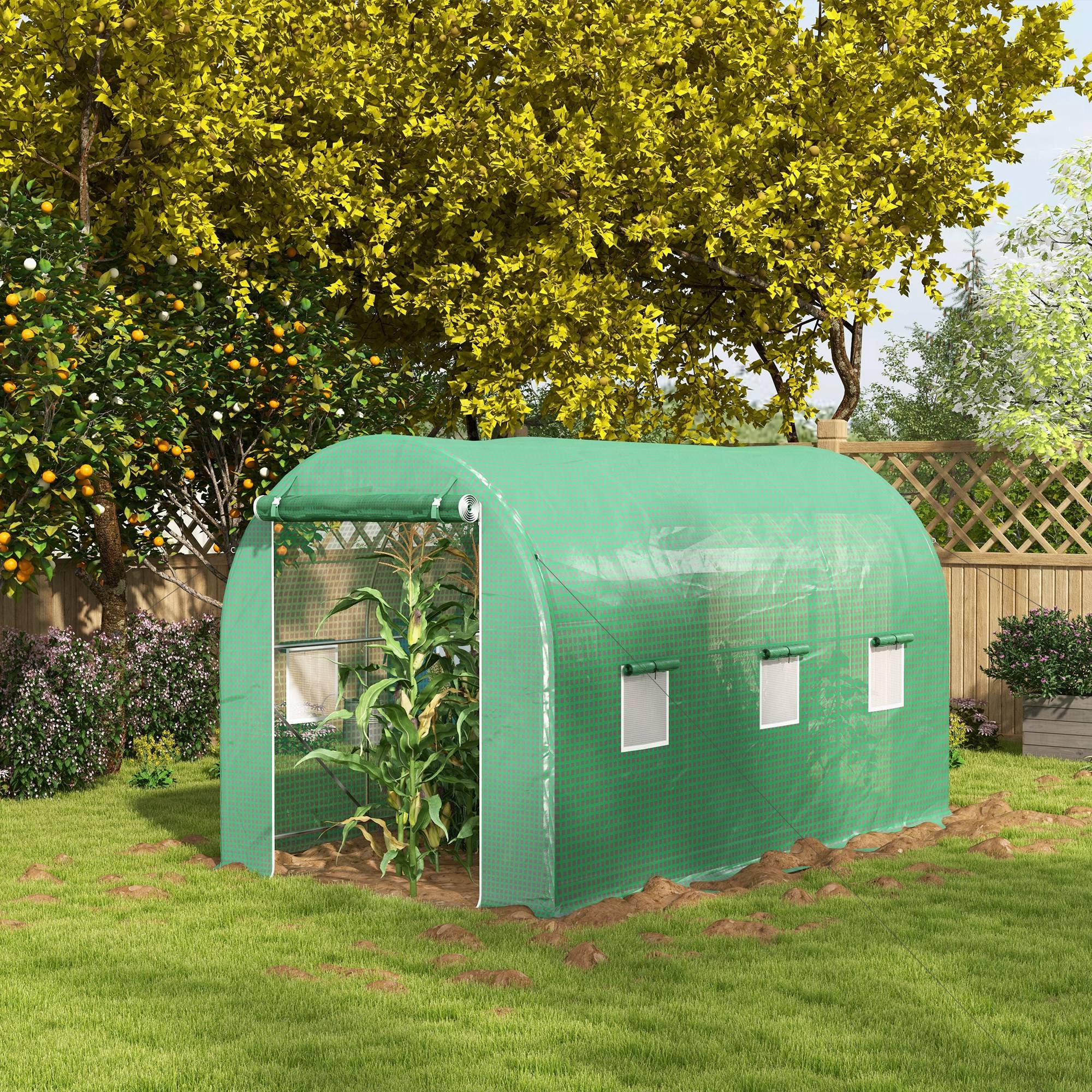 Serre de Jardin Tunnel Surface Sol 8 m² 4L x 2l x 2,05H m châssis Tubulaire Porte zippée 6 fenêtres enroulables vert - Image 4