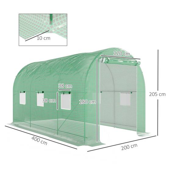 Serre de Jardin Tunnel Surface Sol 8 m² 4L x 2l x 2,05H m châssis Tubulaire Porte zippée 6 fenêtres enroulables vert - Image 5