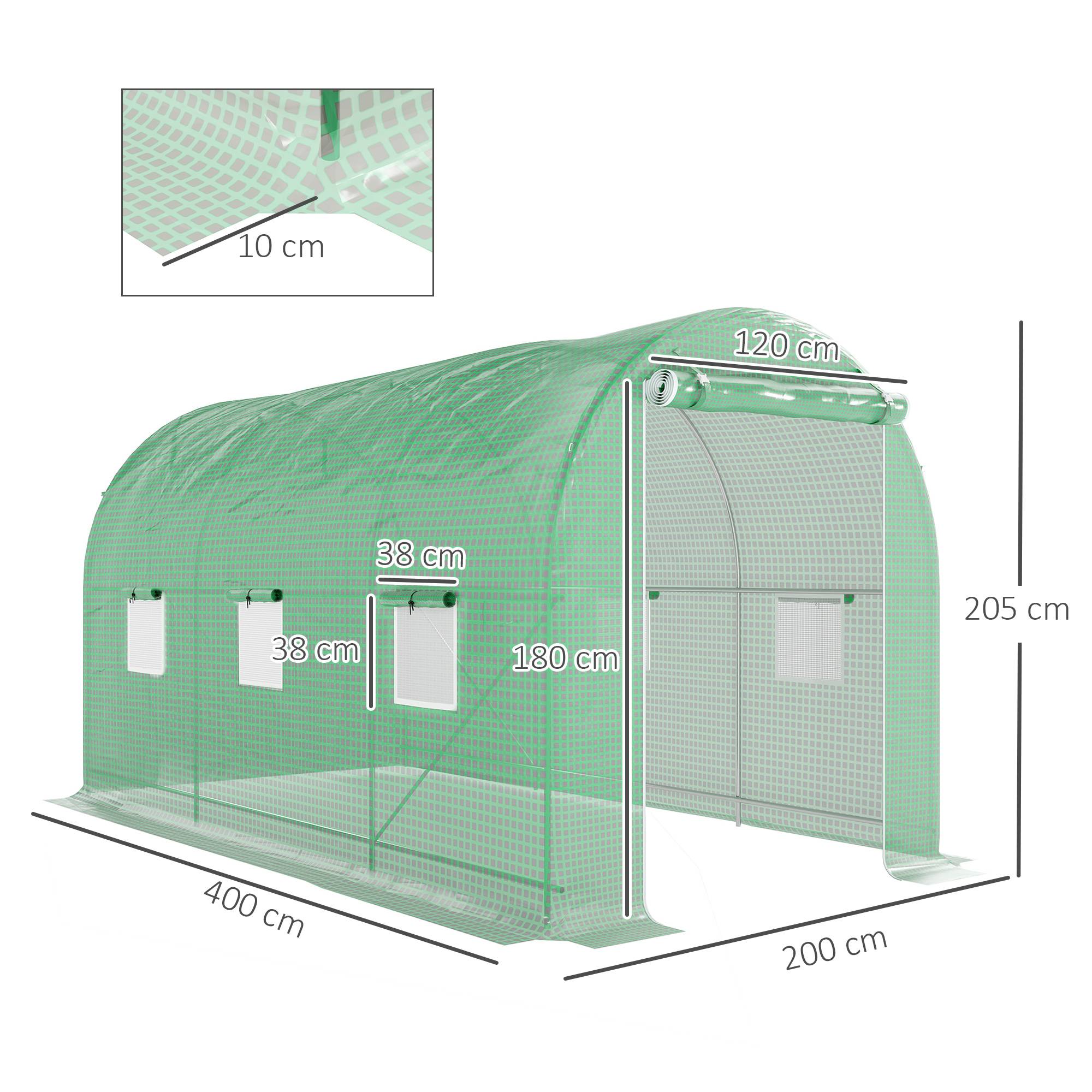 Serre de Jardin Tunnel Surface Sol 8 m² 4L x 2l x 2,05H m châssis Tubulaire Porte zippée 6 fenêtres enroulables vert - Image 5