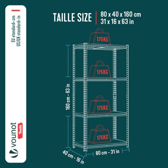 Vounot - Etagères métalliques charge lourde 700kg - 80x40x160cm - 4 tablettes réglables - rayonnage robuste VOUNOT® - Image 3