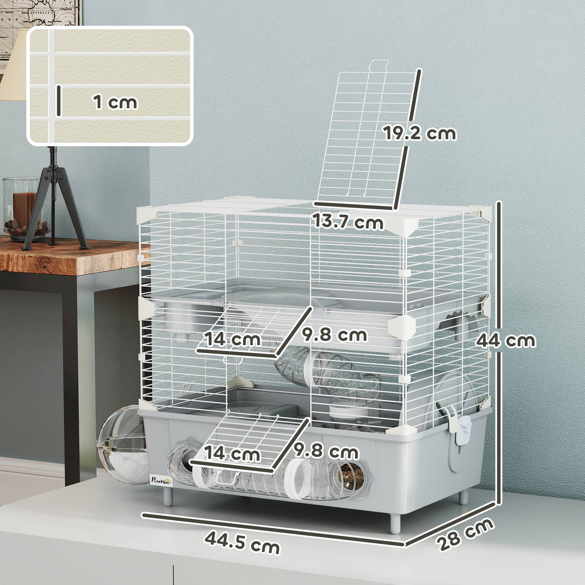 Cage hamster acier PP espace jeu sur 2 niveaux accessoires 44x28x44cm Gris - ComfortXL Outdoor Living - Image 5