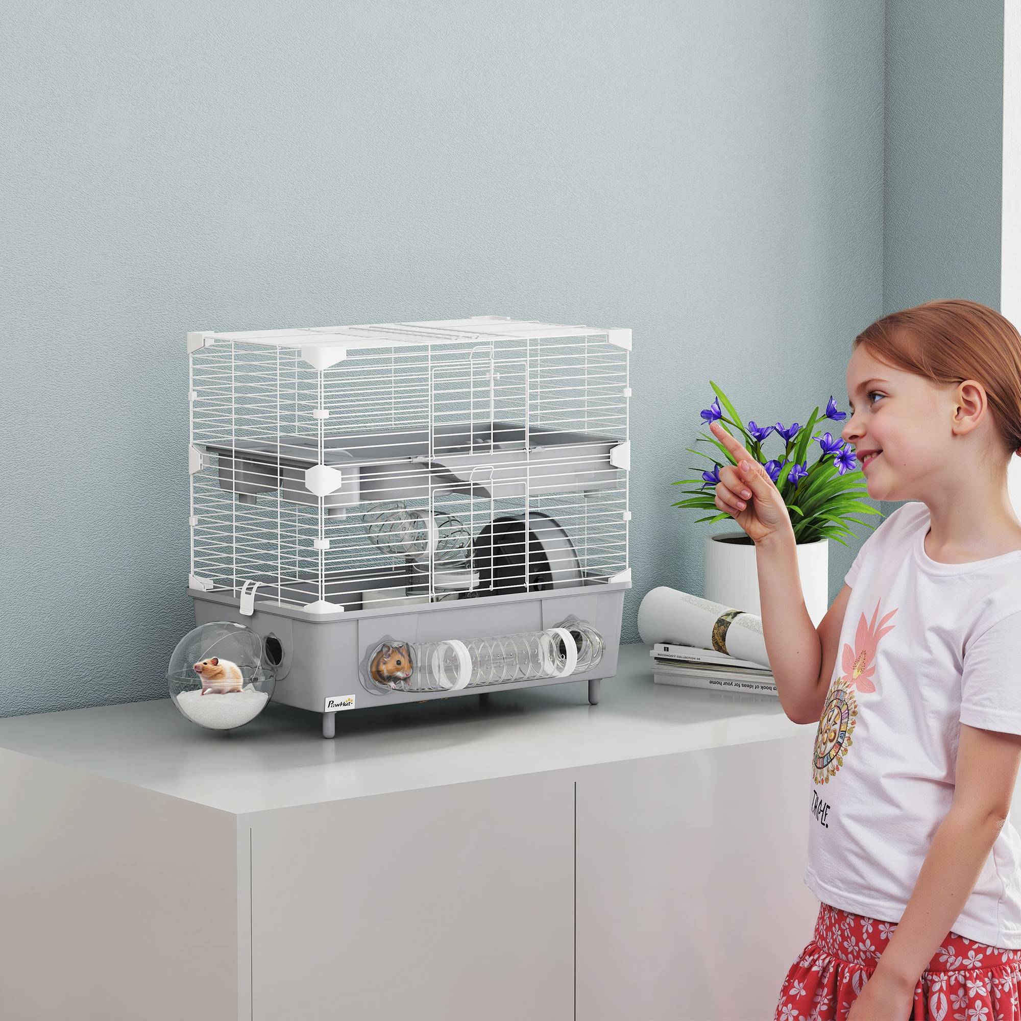 Cage hamster acier PP espace jeu sur 2 niveaux accessoires 44x28x44cm Gris - ComfortXL Outdoor Living - Image 3