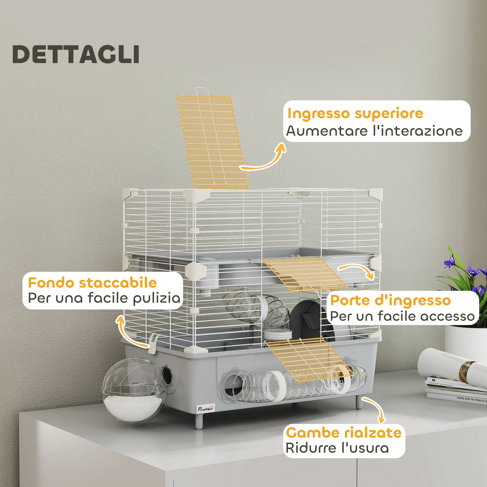 Cage hamster acier PP espace jeu sur 2 niveaux accessoires 44x28x44cm Gris - ComfortXL Outdoor Living - Image 8