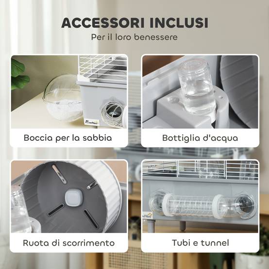Cage hamster acier PP espace jeu sur 2 niveaux accessoires 44x28x44cm Gris - ComfortXL Outdoor Living - Image 7