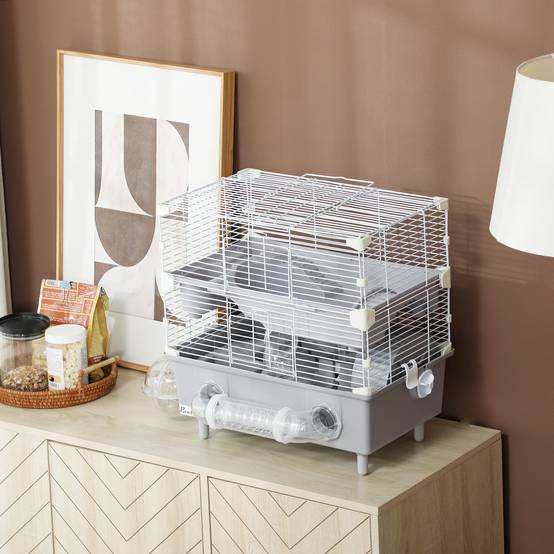 Cage hamster acier PP espace jeu sur 2 niveaux accessoires 44x28x44cm Gris - ComfortXL Outdoor Living - Image 9