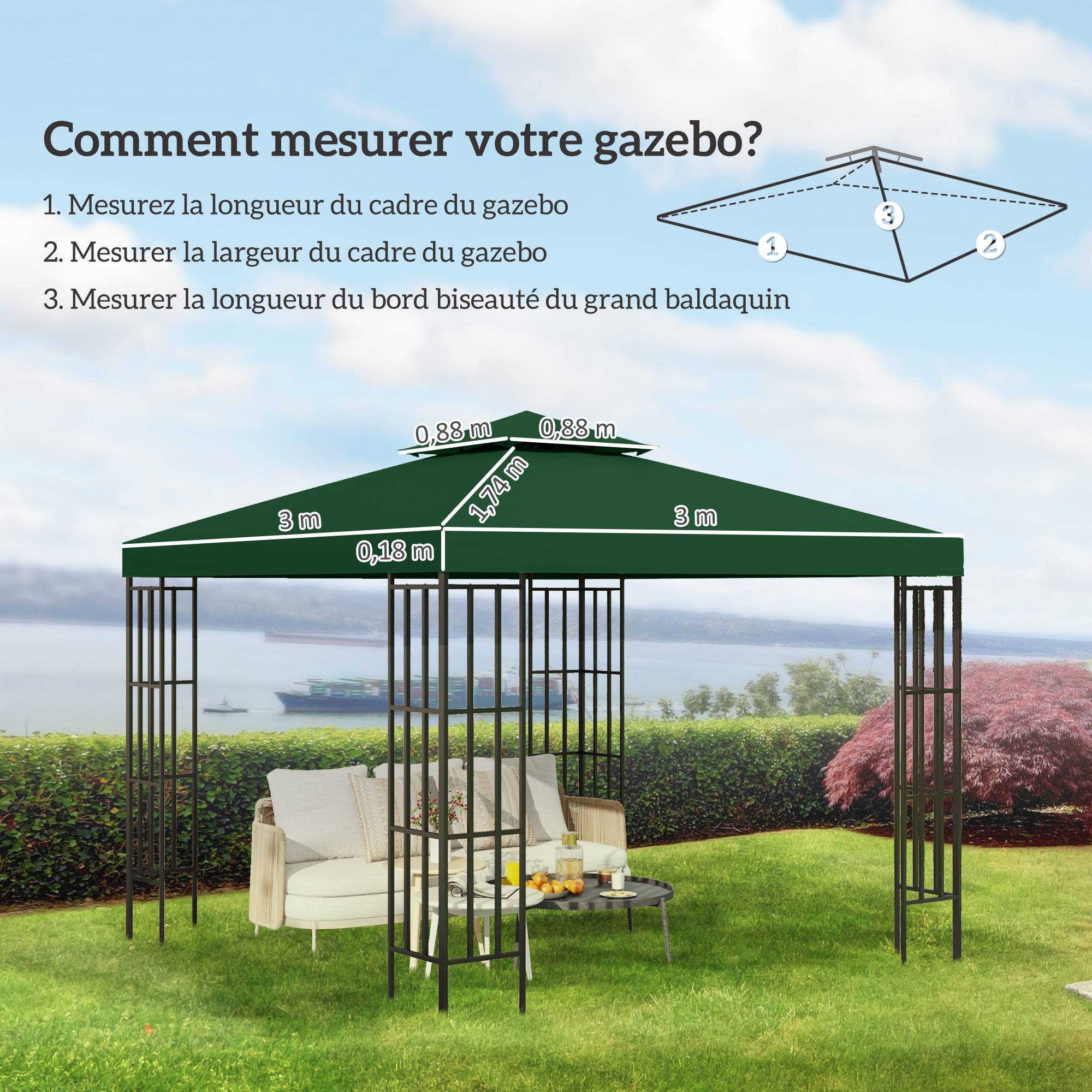 ComfortXL - Toile De Rechange Polyester Tonnelle De Jardin Remplacement Toit 3x3m Vert - ComfortXL Outdoor Living - Image 5