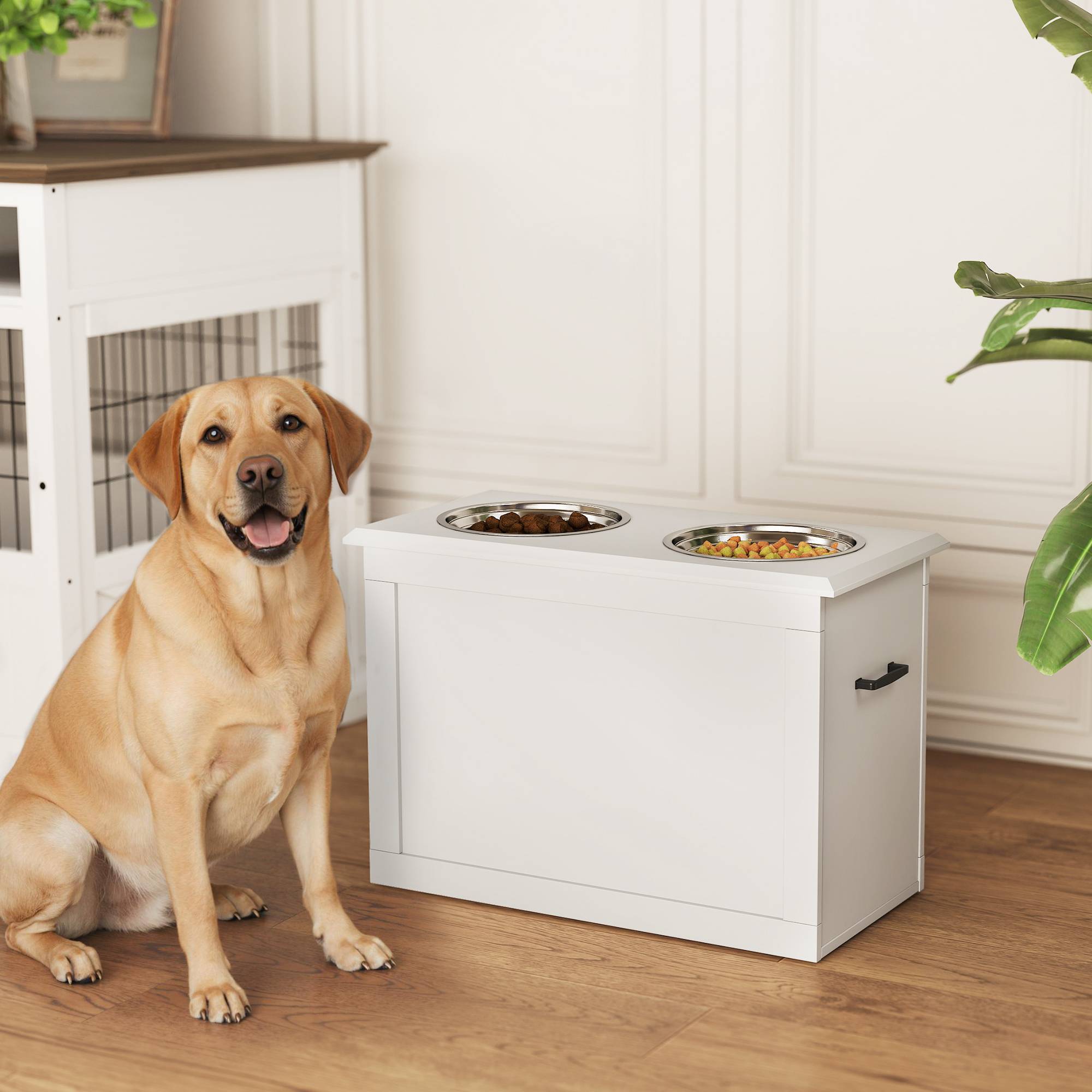 Gamelles pour chien avec 2 gamelles en acier inoxydable et espace de rangement dissimulé 60 x 30 x 41 cm Blanc - Image 4