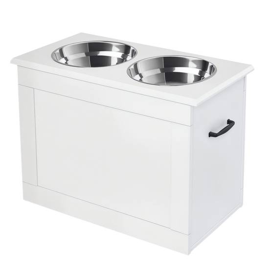 Gamelles pour chien avec 2 gamelles en acier inoxydable et espace de rangement dissimulé 60 x 30 x 41 cm Blanc - Image 1