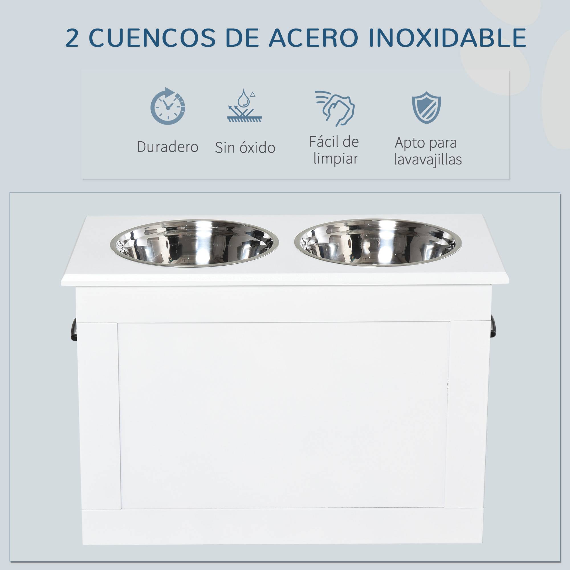 Gamelles pour chien avec 2 gamelles en acier inoxydable et espace de rangement dissimulé 60 x 30 x 41 cm Blanc - Image 7