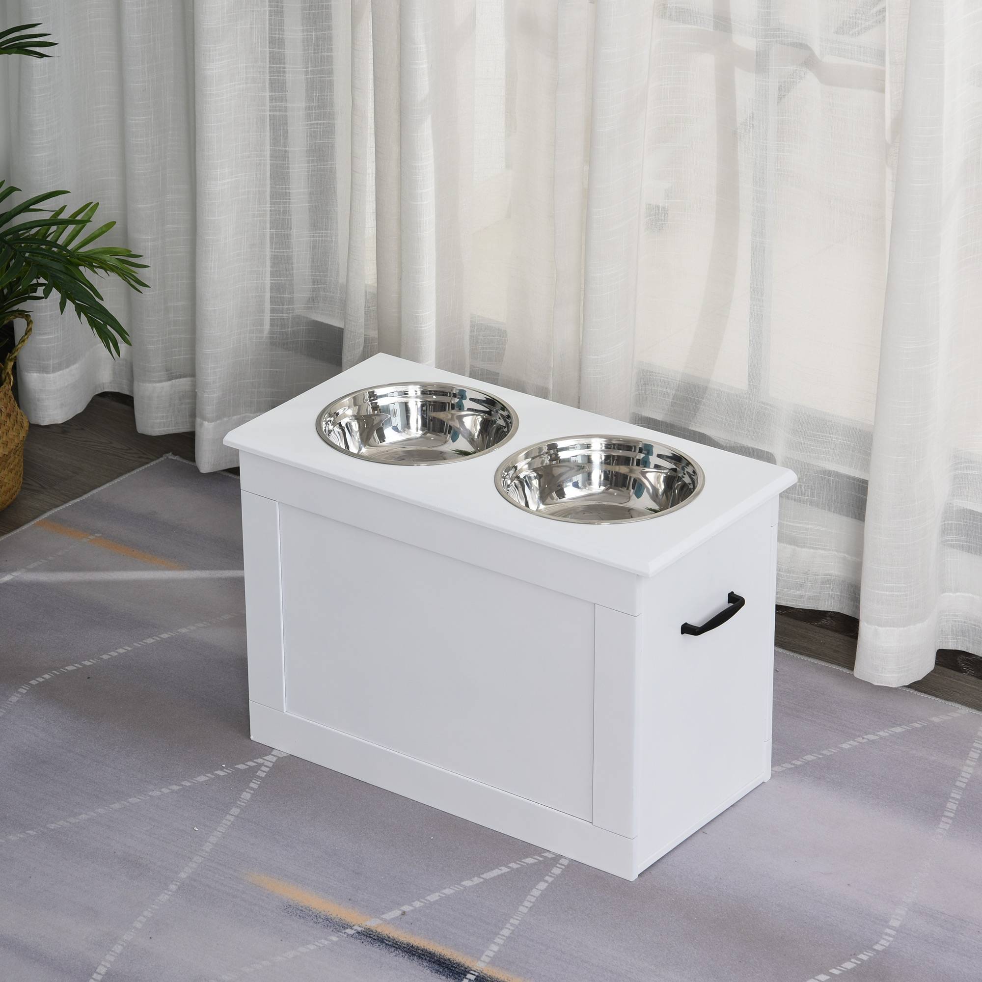 Gamelles pour chien avec 2 gamelles en acier inoxydable et espace de rangement dissimulé 60 x 30 x 41 cm Blanc - Image 3