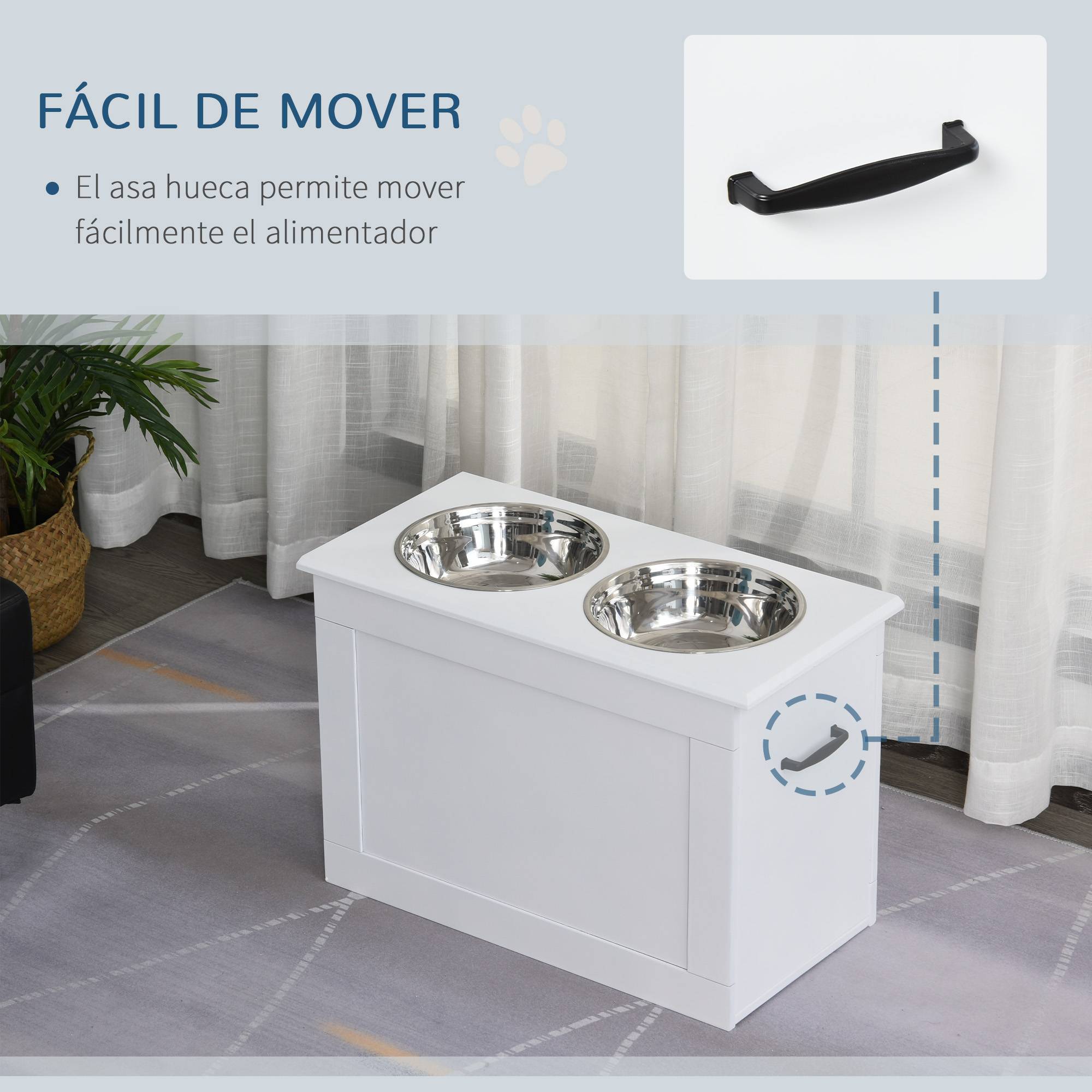 Gamelles pour chien avec 2 gamelles en acier inoxydable et espace de rangement dissimulé 60 x 30 x 41 cm Blanc - Image 9