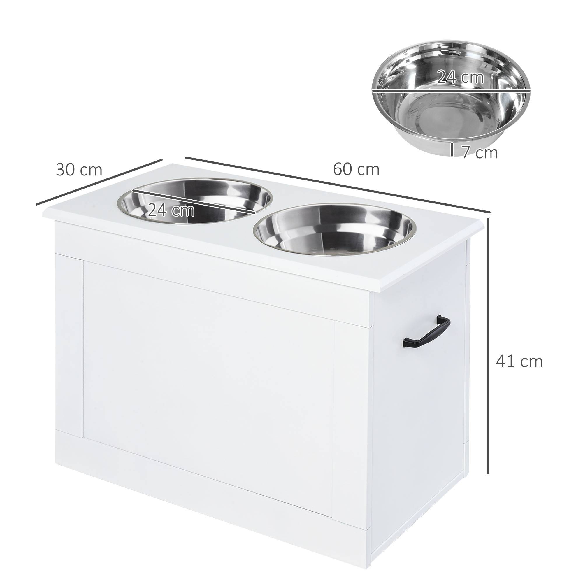 Gamelles pour chien avec 2 gamelles en acier inoxydable et espace de rangement dissimulé 60 x 30 x 41 cm Blanc - Image 5
