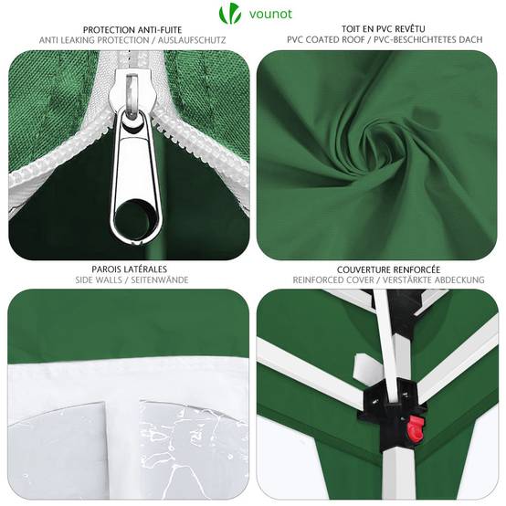 VOUNOT® Tonnelle de jardin 3x3m pliable avec portes et fenêtres et sac de transport vert - Image 4