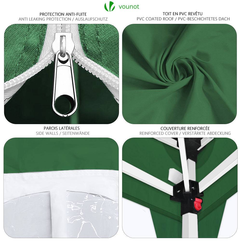 VOUNOT® Tonnelle de jardin 3x3m pliable avec portes et fenêtres et sac de transport vert - Image 4