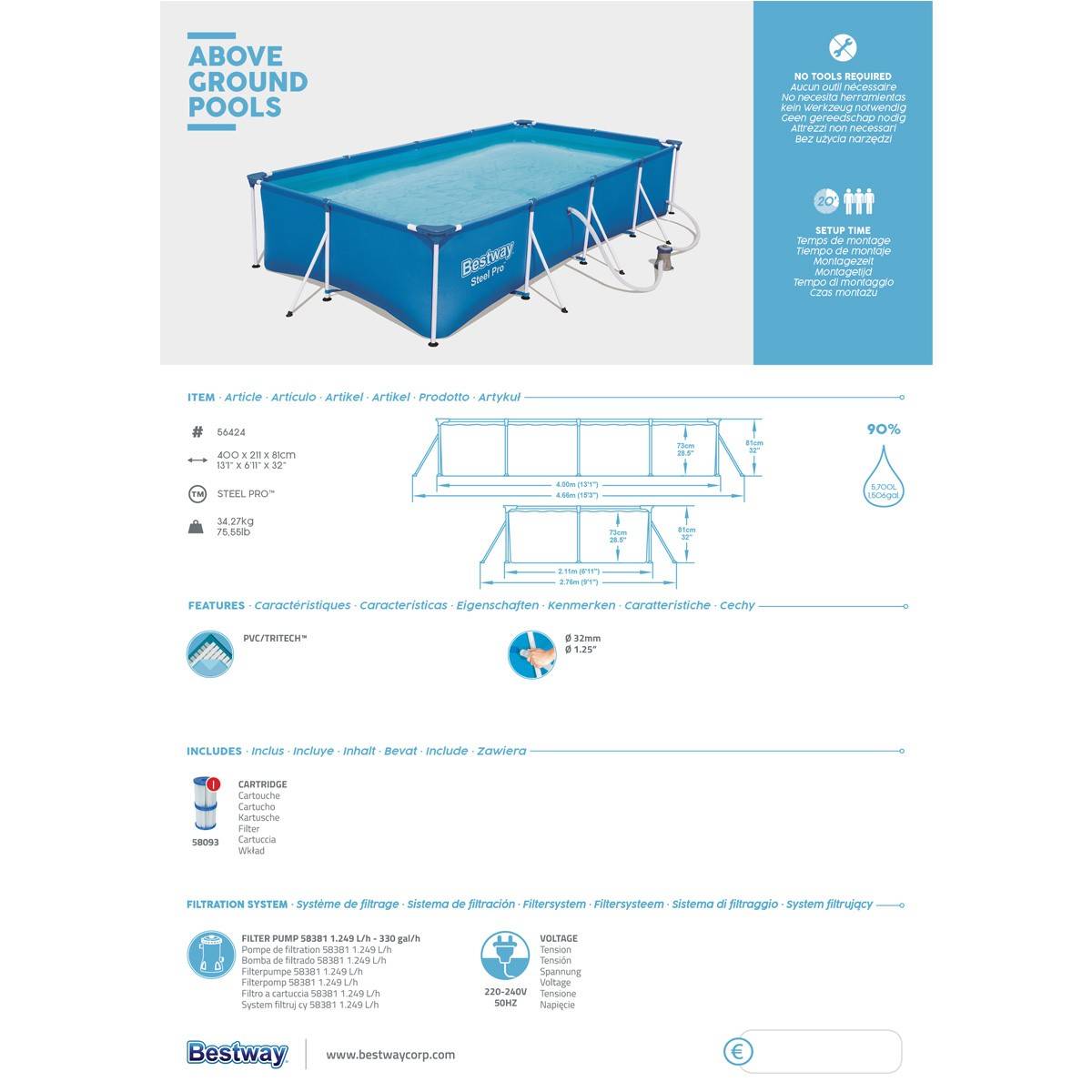 Bestway - Piscine tubulaire rectangulaire 400x211x 81Cm Anti-Corrosion, Liner PVC Renforcé, Pompe de Filtration Incluse 5700L Bestway - Image 8