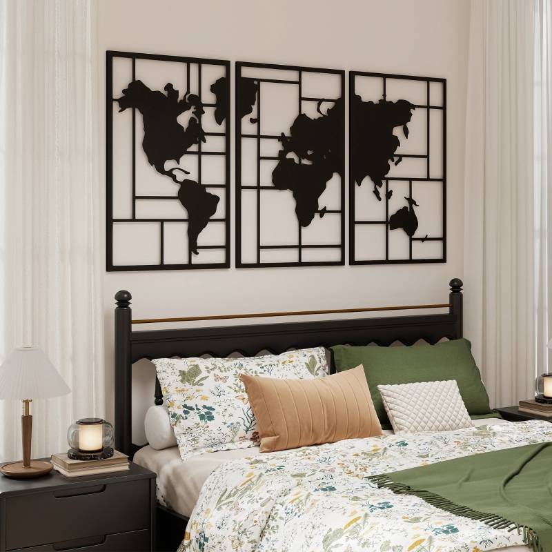 Décoration Murale Carte du Monde Métal Salon Intérieur Design Moderne 150x80cm Noir - ComfortXL Outdoor Living - Image 1