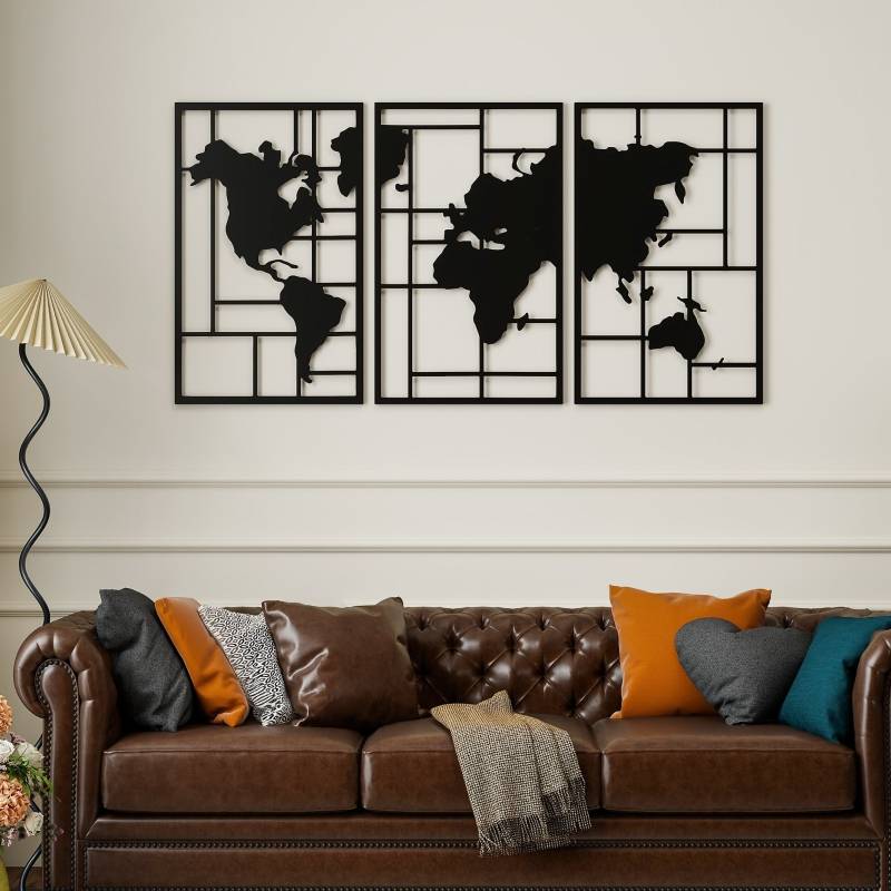 Décoration Murale Carte du Monde Métal Salon Intérieur Design Moderne 150x80cm Noir - ComfortXL Outdoor Living - Image 8